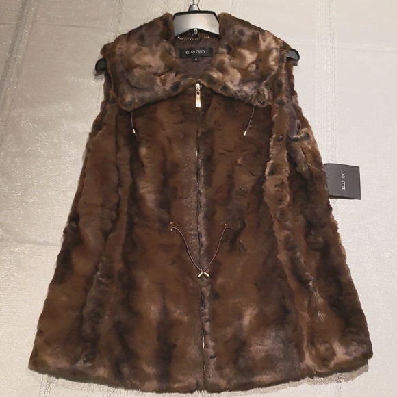 Ellen Tracy NEW VEST Crushed Faux Fur Women's L Drawstring Waist BROWN BLACK NWT - Picture 6 of 16